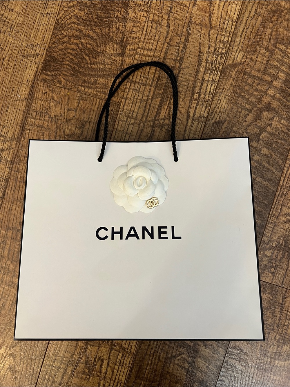 CHANEL White Gift Bag with Black Rope Handles and Camellia Sticker